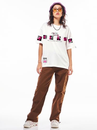 Image of Bewakoof X Squid Game Women's Cotton Jersey Graphic Print Oversized Fit Half Sleeve Round Neck T-Shirt | Casual wear | Streetwear | Oversized Tshirt for Woman Cotton| Baggy