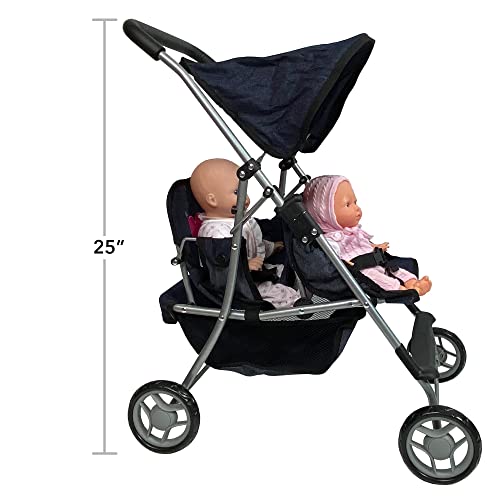 Double Baby Doll Stroller For Twin Dolls | Toy Doll Stroller For Toddlers, 4 Year Old, 5 Year Old Girls, 8 Year Old | 25” Tandem Play Toy Stroller For Baby Dolls, Denim Baby Stroller For Dolls #TOP6