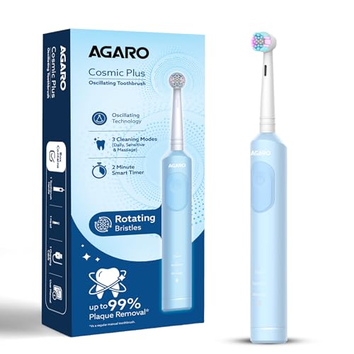 AGARO Cosmic Plus Oscillating Electric Toothbrush for Adults with Oscillating Technology, Brush Head Included, 3 Modes, 2-Min Smart Timer, USB Rechargeable (Up to 21 Days), IPX7 Waterproof, Blue