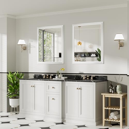 Image of 36x30 Inch White Bathroom Mirror for Wall, Thick Metal Framed Rectangle Mirrors for Over Sink, Bedroom, Living Room, Entryway, Anti-Rust, HD Tempered Glass
