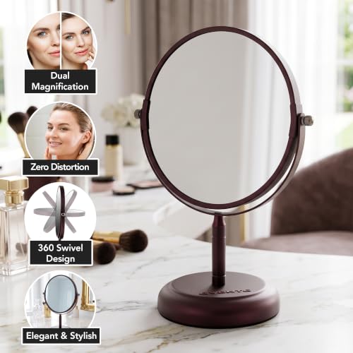 Image of OVENTE 7'' Makeup Mirror with 1X /5X, Antique Bronze MNLDT70ABZ1X5X | Tabletop 360 Swivel Design and Double-Sided Free-Standing Vanity Perfect for Dresser, Bedroom and Office Desk