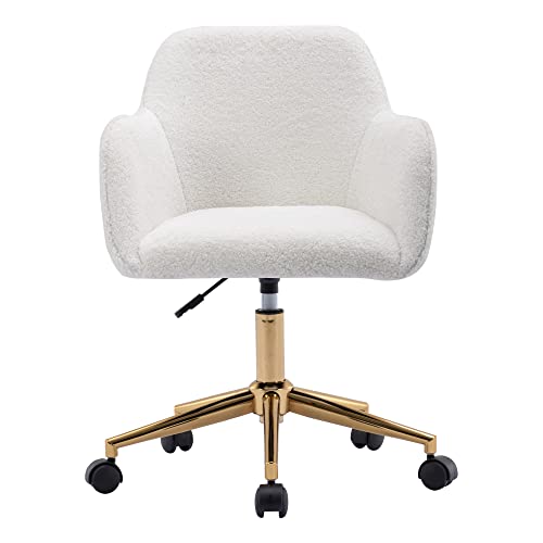 Modern Teddy Home Office Chair, Upholstered Cute Desk Chair With Gold Metal Legs, Adjustable Swivel Task Chair With Wheels, Vanity Chair For Girls Women Small Space Bedroom Study Makeup, White #TOP15