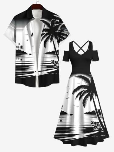 Image of Matchable Couple Hawaiian Coconut Tree Print Shirt or Plus Size Midi Cold Shoulder Dress