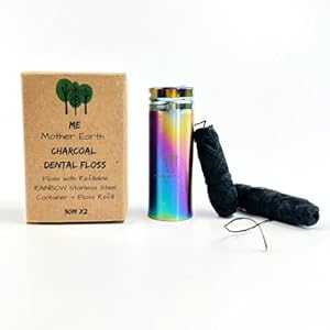 Vegan Biodegradable Bamboo Charcoal Dental Floss with Refillable Stainless Steel Rainbow Container | Extra Floss Refill | Natural Candelilla Wax | 30M x2 | Peppermint | Eco Zero Waste Oral Care
