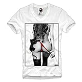 E1SYNDICATE V-Neck T Shirt Kittens String CAT PIN UP Model Sexy Palace DJ White