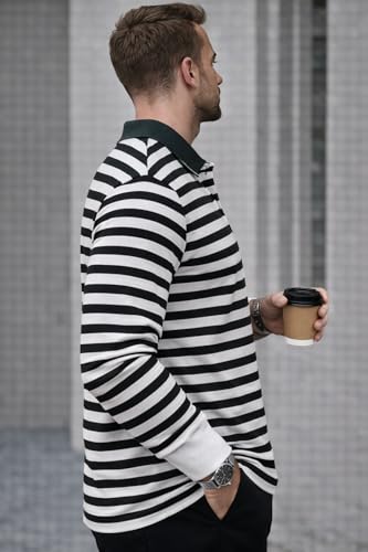 Image of Mack Jonney Men's Premium Black Striped Polo T-Shirt | Long Sleeve Cotton Blend | Casual & Smart Wear-M6752