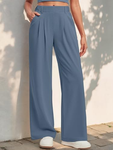 Womens Wide Leg Work Pants High Elastic Waist Dress Palazzo Pants Waffle Knit Business Casual Trousers with Pockets