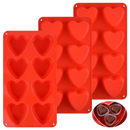 3 moldes de silicona con forma de corazón, 8 cavidades, molde de silicona de corazón grande, mini molde para magdalenas, moldes en forma de corazón, molde de silicona para hornear para hacer