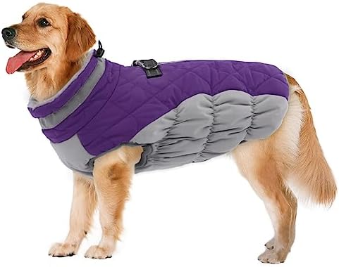 Lelepet Winter Warm Dog Coat with Harness, Windproof Dog Puffer Jacket, Reflective Fleece Lined Cold Weather Clothes, Underbelly Dog Coats for Small Medium Large Dogs Pet Outfit Apparel, 2XL Purple