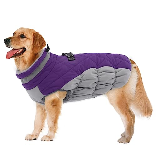 Image of LeLePet Warm Dog Winter Coat, Waterproof Fleece, Windproof, Reflective, Turtleneck, Harness, Purple, XXX-Large | Reflective Pet Fleece Vest Zip-Up Cold Weather Coats for Large Dogs Turtleneck & Windproof Padded Coats Great Dane Purple 3XL