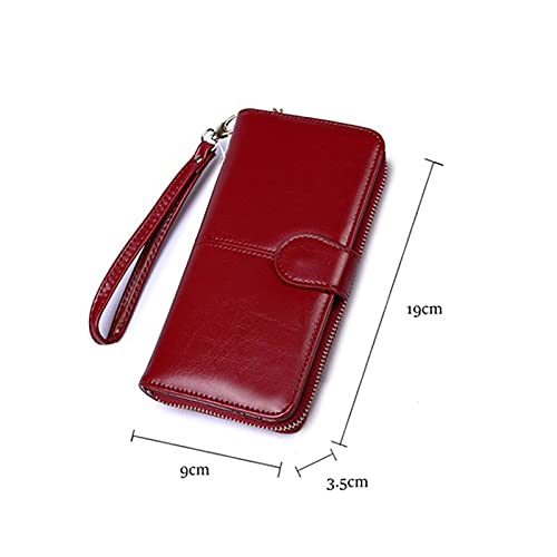 Womens wallet Ladies Wax Leather Wallet Large-capacity Buckle Zipper Long Wristband Clutch Change Card Holder(Brown)2