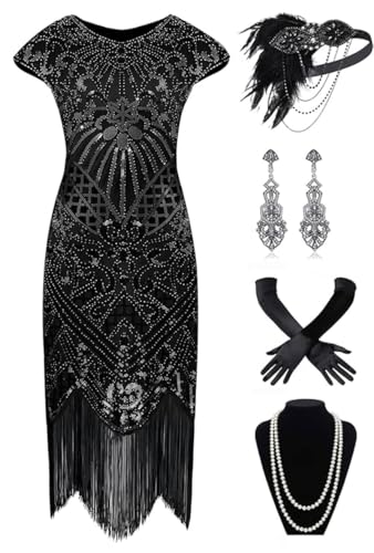 Image of 868A - Plus Size 1920s Vintage Fringed Gatsby Sequin Cold Shoulder Tassels Flapper Party Cocktail Dress with Accessories