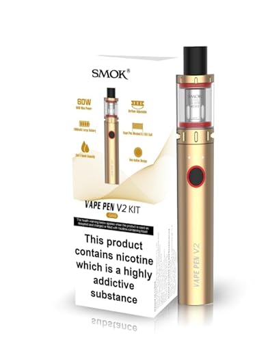 SMOK Vape Pen V2 Kit: Compact Rechargeable Vaping Device for Enhanced Flavors, Adjustable Airflow (Gold) 2mL SMOK Vape E Cigarette Starter Kit Vape Pen No Nicotine