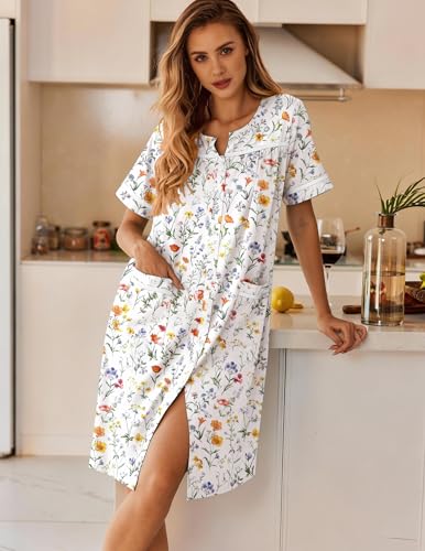 Image of Ekouaer Nightgowns for Women House Dress with Pockets Button Down Sleepshirt Short Sleeve Nightshirt Housecoat