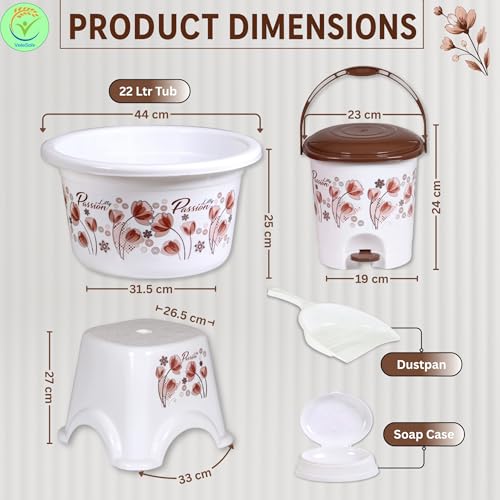 Image of Heavy Duty Virgin Plastic Large Capacity 20L Bucket, 5L Bucket, Stool,22L Deep Tub, Dustbin,1.5L Mug,1L Mug, Soap Case, Dustpan, Tooth Brush Stand Bathroom Set(K.White-Brown) - 10 Pieces