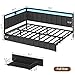 Hasuit Corner Bed Frame with Storage Drawers, Full Daybed with Line Fabric Upholstered Fence, Kids Bed Unit with LED Light and Charging Station, Modern Bed Frame Full Size, Gray