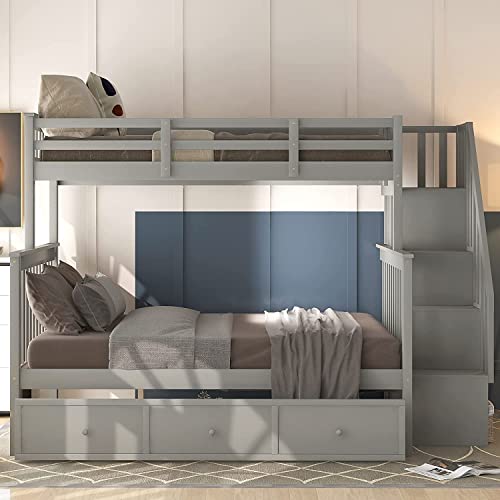 MERITLINE Twin Over Full Bunk Bed with Stairs, Wood Bunk Bed Frame with