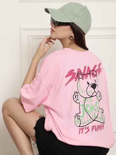 Image of Fabflee Oversized Cotton Baggy Drop Shoulder Graphic Tee with Half Sleeves | Korean Casual Loose T-Shirt for Women