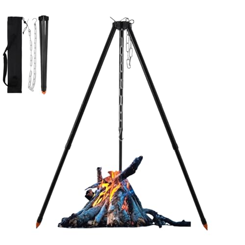 Holzsammlung 110CM Camping Stativ Lagerfeuer Kochen Stativ Outdoor Grillrost Stand Halterung Hängekette Verstellbar BBQ Dreibein im Freien(Silber)