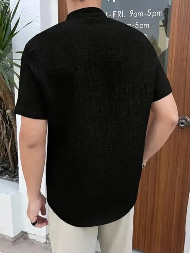 Image of Men's Solid Textured Half Sleeve Shirt with Stylish Buttons | Band Collar Casual Shirt for Summer Wear