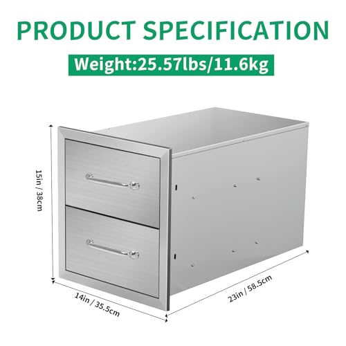 Image of Outdoor Kitchen Drawers 14 inch W x 15 inch H x 23 inch D Stainless Steel Double Drawers with Ergonomic Handle for BBQ Island, Patio Grill Station & Outdoor Kitchen Cabinets