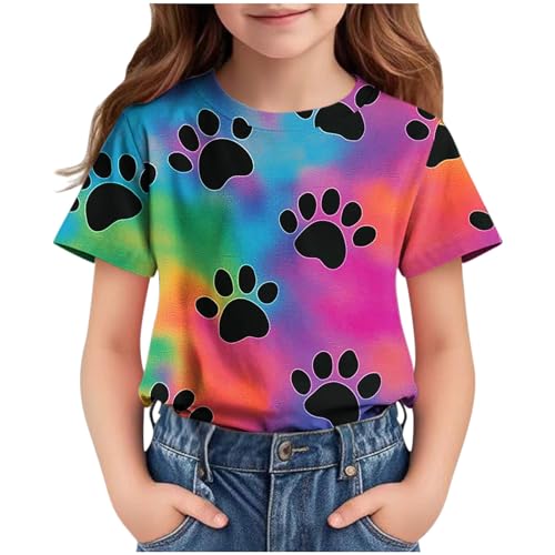 Girls Tie Dye Cute Paw Printed Short Sleeve T-Shirts Basic Crewneck Graphic Tees Loose Casual Summer Tops for Kids 3-14 Years