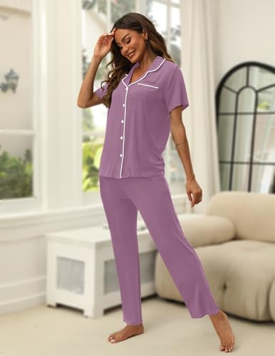 Image of HNG Women Pajamas Set 2 Piece Button Up Pajamas Pant and Short Sleeve Shirt for Woman Pj Sets with Pocket