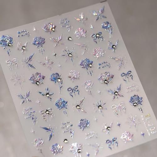 Image of Rose Nail Art Stickers 5D Embossed Nail Decals Rhinestone Nail Art Design Ombre Flower Nails Stickers for Nails Art Supplies Charm for Women Manicure DIY Decorations Accessories