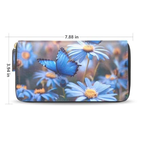Long Wallets Leather Bifold Wallet for Women Blue Butterflies Floral with Zipper Credit Card Holder Large Capacity2