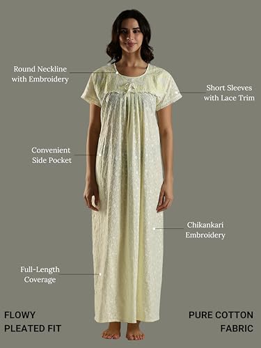 Image of 9shines Label Stylish Chikankari Cotton Nighty Maxi for Women | Full Length Nightgown | Nightdress with Pocket | Embroidery Nighty | Soft Comfortable Cotton Nightwear (1545)