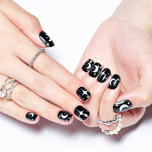 Black Press On Nails Short Squoval, Glamermaid Short Fake Nails With Nail Glue, Gothic Oval False Nails For Women Stick Glue On Nails Moon Star, Reusable Acrylic False Nails Set With Adhesive Tabs 24Pcs Manicure Set #TOP3