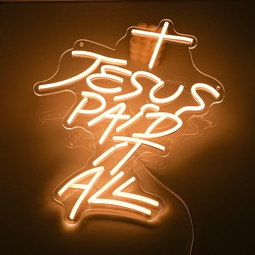 Image of Jesus Paid It All Neon Sign Warm White Cross Neon Light for Wall Decor Dimmable Jesus Cross LED Light Up Sign for Christian Church Christmas Home Wedding Decor Birthday Gifts(16.7*12.8 In)