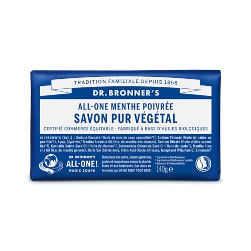 Dr Bronner's Pain de savon senteur menthe poivrée 140 g Savon solide 100% naturel, bio et vegan sans parfum