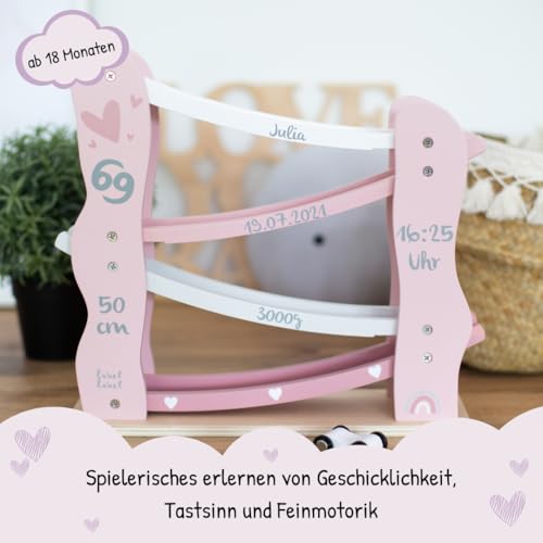KIDSLINO Kugelbahn inkl. Autos rosa - personalisierbar I Geschenk zur Geburt & Taufe I Handmade Holzspielzeug Ab 18 Monaten I Personalisierte Geschenke Baby I Rennbahn mit Name & Geburtsdaten