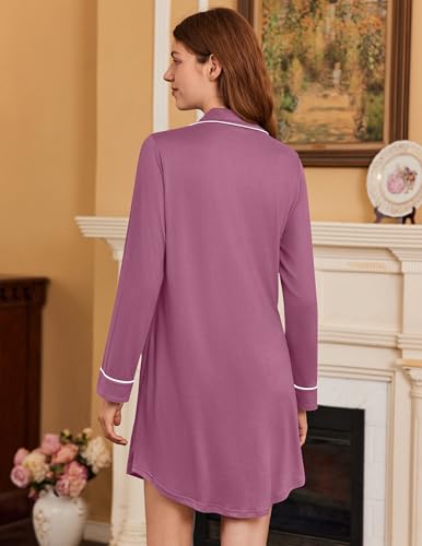 Ekouaer Nightgowns for Women Long Sleeve Nightshirt Button Down Sleepshirt Nightdress Boyfriend Sleepwear S-XXXL4