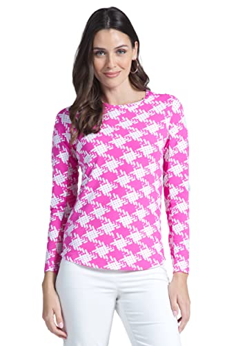 Ibkul Athleisure Wear Sun Protective Upf 50+ Icefil Cooling Tech Kimberly Print Long Sleeve Crew Neck – 12376 Hot Pink/White Kimberly M #TOP29