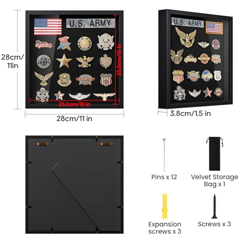 Image of TJ.MOREE 11x11 Shadow Box Pin Display Frame for Badges & Medals | Fits Tags Patches, Jewelry & Giant Pins, Insignia Ribbons