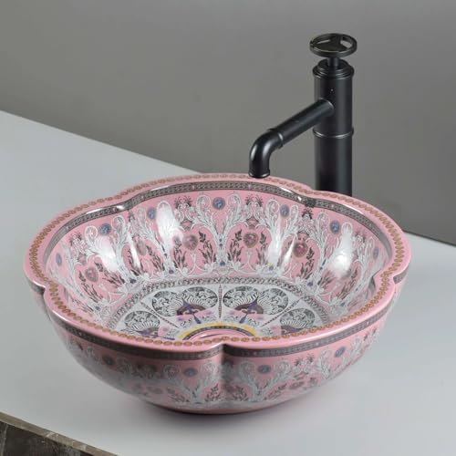 Image of BASSINO 16.5x16.5x5 Inches Designer Moroccan Ceramic Table Top Wash Basin /Pink Floral Art Bowl Sink for Bathroom /Handcrafted Flower Shape Countertop Washbasin for Office /Hotel(Pink & Silver)