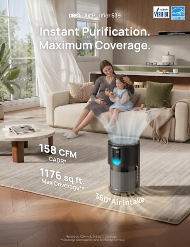 Image of DREO Air Purifier for Home, Up to 1176 ft, HEPA Sleep Mode, Air Purifiers for Large Room & Bedroom, Pets, Smoke, Dust, Pollen & Odors, PM2.5 Monitor, Auto & Turbo Mode, 4 Speeds, DR-HAP009 (Dreo 539)