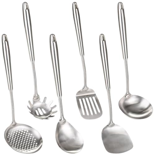 Stainless Steel Kitchen Utensils Set,6 Pieces Cooking Utensils,304 Metal,Dishwasher Safe,Ergonomic and comfortable serving Utensils, Soup Ladle Spoon Turner Skimmer set