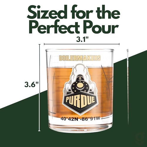 Image of Greenline Goods University of Purdue Boilermakers Whiskey Glasses Set of 2, 10 oz Rocks Glasses with Full-Color Logo & Campus Map - Officially Licensed Bourbon Glass Gift for Alumni & Fans