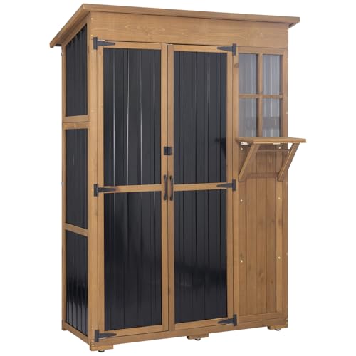 Outdoor Storage Cabinet, Large Wood & Metal Garden Shed with Foldable Table, Weather-Resistant Asphalt Roof, Lockable Doors & Adjustable Feet for Pati