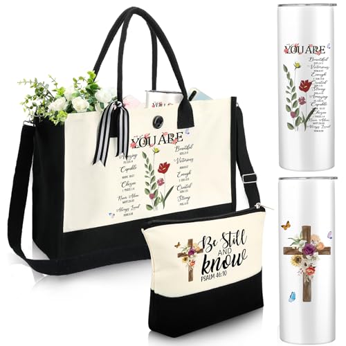 Silkfly 3 Pcs Christian Inspirational Gifts Set for Women Mothers Day Birthday Gifts Stainless Steel Tumbler Canvas Tote Bag for Friend Family Coworker