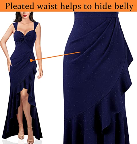 Image of VFSHOW Womens Glitter Sweetheart V Neck Twist Front Backless Ruched Ruffle Slit Formal Evening Gown Maxi Dress