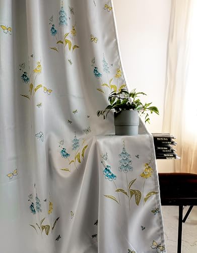 Image of Tranquebar Curtain Co. Semi Blackout Curtains 7 Feet Long, 80% Blackout, Blue Butterfly & Floral Print, Grey Fabric, Heavy Polyester, BackTab Loops, Titli (213 cm) - 1 Piece