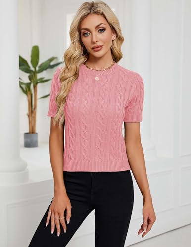 Image of Libsorge Womens Cropped Short Sleeve Sweater Fall 2025 Crewneck Sheer Knit Tops - Lightweight, Thin, Crop, Slim Fit