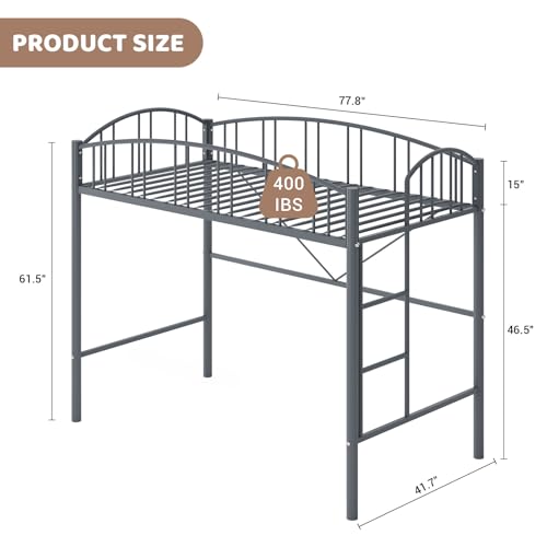 Loft Bed Twin Size with Stairs and Arched Guardrail, Sturdy Metal Slats Support, Space Saving, Noise Free, No Box Spring Needed, Ideal for Kid Room and Dorm, Matte Gray