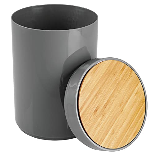 Image of mDesign Plastic Round Trash Can Small Wastebasket - Garbage Bin Container with Swing-Close Lid - Bathroom Garbage Basket - Holds Waste, Recycling - 1.3 Gallon - Basa Collection - Charcoal Gray /Natural