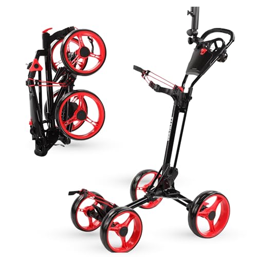 Qwik-Fold 4 Wheel Folding Push Pull Golf CART - Foot Brake - ONE Second to Open & Close! (Black/Red)