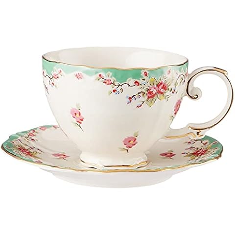 Gracie China by Coastline Imports Green Gracie China Vintage Rose Porcelain 7-Ounce Tea Cup and Saucer Set of 4, 4 Count (Pack of 1) Cover